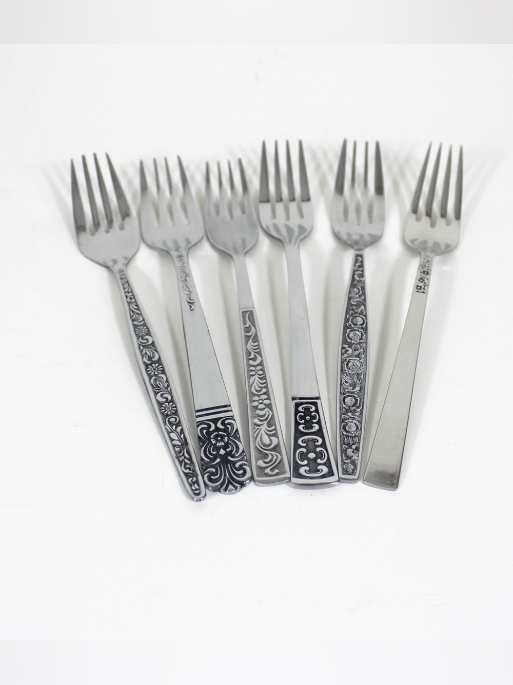 Curated Set of 6 Mid Century Modern Stainless Steel Dinner Forks, Mismatched
